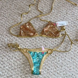 Doll Swimwear Gold Top and Aqua Sequin Set